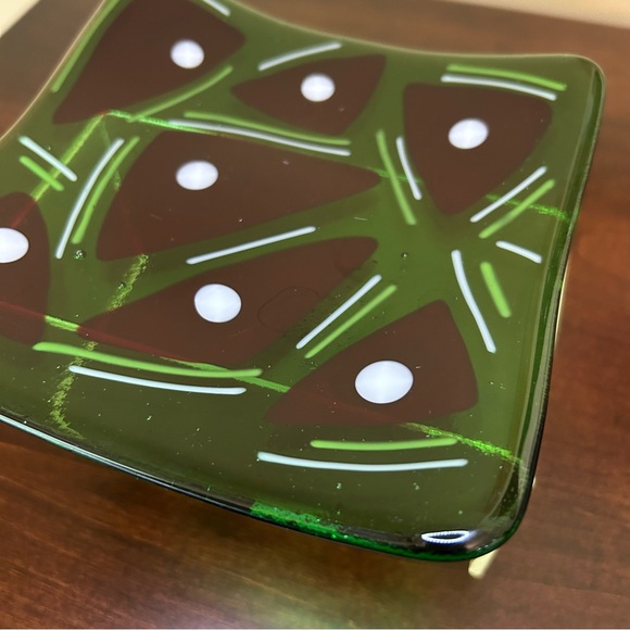 Fused Glass 6" Square Dish Plate Art Green Red White Geometric Shapes Funky - Picture 11 of 16